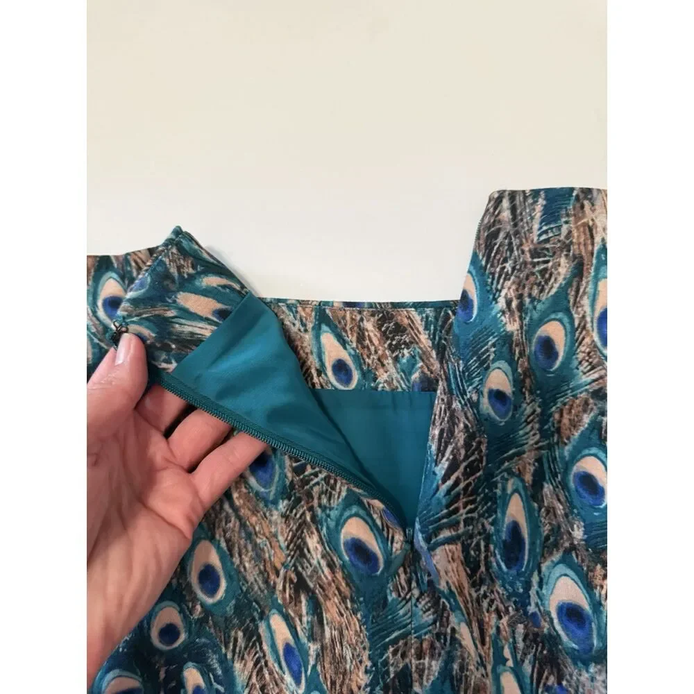 Talbots Peacock Feathers Print Pencil Skirt Stretch Knit 10 Petite Office Work